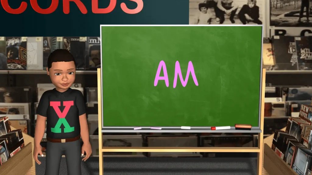 A boy standing in front of a chalkboard with the word am on it.