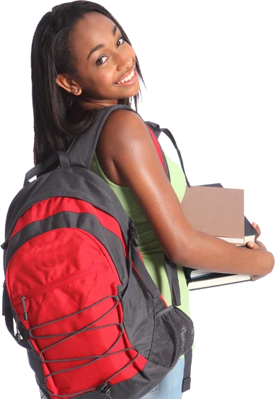 A girl with a backpack and laptop