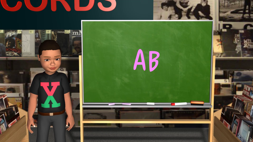 A boy standing in front of a chalkboard with the letters ab on it.