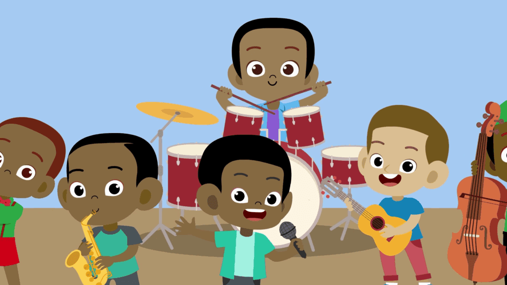 A group of kids playing instruments in front of a blue background.