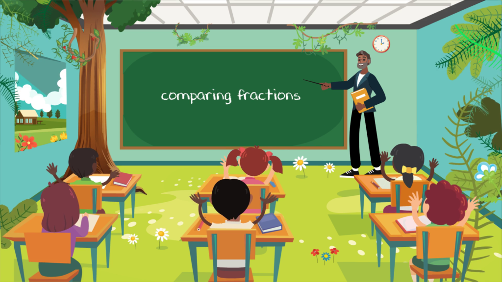 A classroom with students in desks and chalkboards.