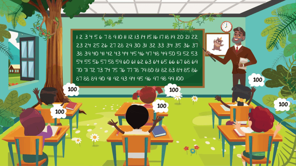 A classroom with a chalkboard and many numbers on it