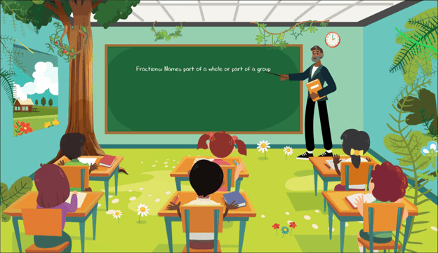 Teacher explaining fractions on a chalkboard to students in a classroom.